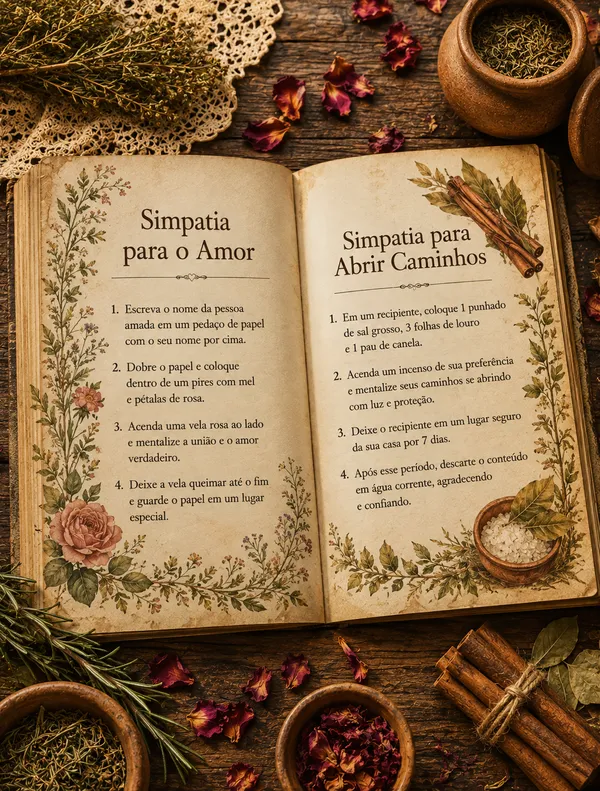 Páginas internas do Caderno das Simpatias Antigas da Vovó Zélia abertas, com letra grande e fácil de ler