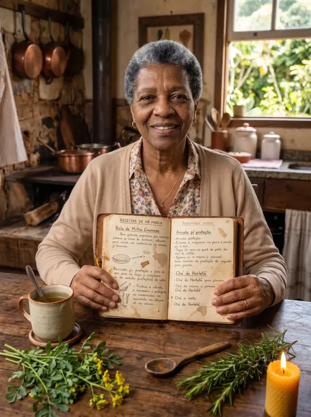 Imagem da Vovó Zélia com um caderno na cozinha